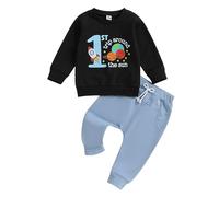 XIXIMAON Toddler Boy One Two Three Four Birthday Outfits Trip Around The Sun 2pcs Clothes Set Long Sleeve Sweatshirt Solid Color Elastic Pants Set (Black, 6-12 Months)