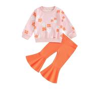 XIXIMAON Toddler Girls 2pcs Fall Winter Outfits Long Sleeve Floral Print Ribbed Knitted Jumper Sweatshirt Flare Pants Set Baby Girls Cute Clothes (Orange, 1-2T)