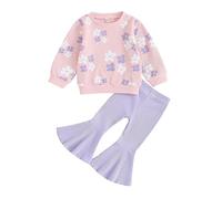 XIXIMAON Toddler Girls 2pcs Fall Winter Outfits Long Sleeve Floral Print Ribbed Knitted Jumper Sweatshirt Flare Pants Set Baby Girls Cute Clothes (Pink, 4-5T)