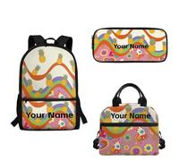 xixirimido 3 Pcs Custom Backpack Set Hipple Flowers Pineapple Swirl Girls Bookbag for School Personalized with Your Name 17 Inch Kids Back Pack with Lunch Box and Pencil Case