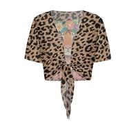 xixirimido Black Brown Leopard Print Womens Short Sleeve Bolero Shrug Open Tie Front Cropped Cardigan Shoulder Cover Stylish Loose Fit Summer Sheer Top Kimono