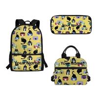 xixirimido Black Cat Print School Backpack Girls Kids Bookbag Set Lunch Handbag Pencil Case 3 Pack Supplies