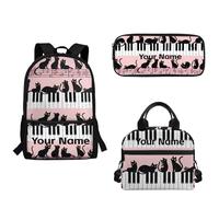 xixirimido Girls Custom Backpacks with Pencil Case Lunch Box Black Cat Piano Music Notes Print Kids Set Customized Name School Bookbag 3 in 1 Personalized Name