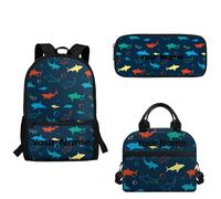 xixirimido Kids School Backpack Rugby Colorful Shark Print with Lunch Tote Pencil Case Back to School Supplies Set for Kindergarten Preschool Elementary