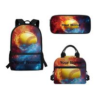 xixirimido Red Blue Flame Baseball Print Custom Backpack with Lunch Box Set of 3 School Backpacks for Kids Fashion Pencil Case for Middle High School Add Your Name School Bag