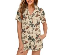 xixirimido Western Cowboy Women's Short Sleeve Pajamas Set of 2 Lounge Button Down Top Pants Plus Size S-2XL