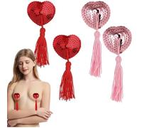 XiXiYang 2 Pairs Nipple Covers Reusable Adhesive Sparkling Love Sexy Nipple Tassle Shiny Sequin Heart-Shaped Breast Pasties Bra with Tassel for Couples Role Play Costume Party funny gifts(red, pink)