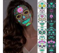 XiXiYang Halloween Face Tattoos Stickers,4 Sheets Temporary Tattoos Skull Glow Fluorescent Stickers - Fluorescence Day of The Dead Face Stickers Halloween Party Dress Up for Women Men Boy and Girl