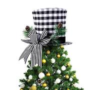 XIYAO Christmas Tree Topper Retractable Foldable Plaid Top Hat Xmas Tree Topper Ornament with Large Bow, Xmas/Holiday/Winter Wonderland Party Decoration Ornament Supplies, Black, 20*26 centimeters