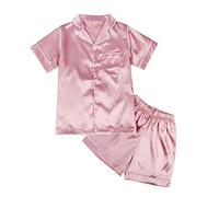 XIYAO Toddler Kids Baby Boys Girls Pyjamas Sleepwear, Summer Fake Silk Satin PJs Set 2 Pieces Short Sleeves Button-Down Nightwear Pink