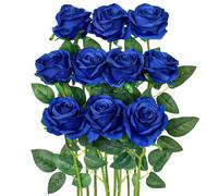XIZHI 10 Pcs Single Artificial Rose Flowers Realistic Silk Roses Flower Bouquets Fake Rose Bouque Stem for Home Wedding Bridal Shower Party Decor (Blue)