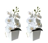 XIZHI 2 Pack Artificial Orchid Flowers with Vase,10 Inches Artificial Plant Bonsai Silk Flowers Butterfly Orchid with Pot for Wedding Office Home Decor Indoor Centerpieces (White)