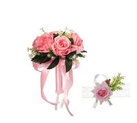 XIZHI 24cm Wedding Bouquets for Bride with Rose Flower Wrist Artificial Flower Bridesmaid Bouquet Faux Silk Ribbon for Wedding Valentine's Day Party Prom Decorations (Pink)