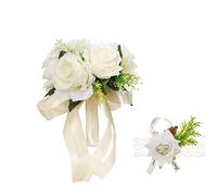 XIZHI 24cm Wedding Bouquets for Bride with Rose Flower Wrist Artificial Flower Bridesmaid Bouquet Faux Silk Ribbon for Wedding Valentine's Day Party Prom Decorations (White)