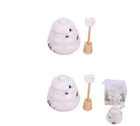 XIZHI 2Pcs Cute Ceramics Mini Honey Jar with Dipper and Lid Beehive Style Honey Pot for Home Kitchen Store Honey and Syrup, White 3 Inch