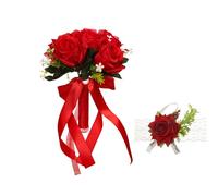 XIZHI Wedding Bouquets for Bride with Rose Flower Wrist Artificial Flower Bridesmaid Bouquet Faux Silk Ribbon for Wedding Valentine's Day Party Prom Decorations (Red)