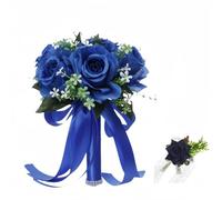 XIZHI Wedding Bouquets for Bride with Rose Flower Wrist Artificial Flower Bridesmaid Bouquet Faux Silk Ribbon for Wedding Valentine's Day Party Prom Decorations (Royal Blue)