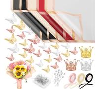 Xizhiwan 122 Piece Packaging Paper Set Waterproof Flower Packaging Paper Flower Shop Supplies with Butterfly Decoration Crown Ribbon Bouquet Needle Glue Suitable for DIY Craftsmanship (Fashion)