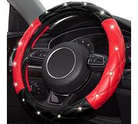 Xizopucy Black Red Steering Wheel Cover, Universal Car Steering Wheel Protector with Crystal Rhinestones Anti-Slip Soft Interior Accessories for Women and Girl Fit 14.5-15 inch