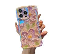 XIZYO Colorful Retro Oil Painting Flower Case for iPhone 14 Pro Max, Curly Wave Frame Laser Glossy Cute Floral Aesthetic Phone Case, Girls Women Slim Soft TPU Shockproof Cover, Purple Flower/Yellow