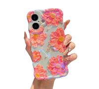 XIZYO Colorful Retro Oil Painting Flower Case for iPhone 16 Plus, Curly Wave Frame Laser Glossy Cute Floral Aesthetic Phone Case, Girls Women Slim Soft TPU Shockproof Cover, Pink Flower/Green