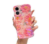 XIZYO Colorful Retro Oil Painting Flower Case for iPhone 16 Plus, Curly Wave Frame Laser Glossy Cute Floral Aesthetic Phone Case, Girls Women Slim Soft TPU Shockproof Cover, Pink Flower/Pink