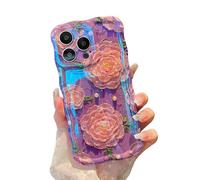 XIZYO Colorful Retro Oil Painting Flower Case for iPhone 16 Pro Max, Curly Wave Frame Laser Glossy Cute Floral Aesthetic Phone Case, Girls Women Slim Soft TPU Shockproof Cover, Peony/Purple