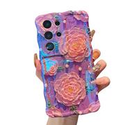 XIZYO Colorful Retro Oil Painting Flower Case for Samsung Galaxy S24 Ultra, Curly Wave Laser Glossy Cute Floral Aesthetic Phone Case, Girls Women Slim Soft TPU Shockproof Cover, Peony/Purple