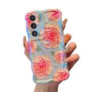 XIZYO Colorful Retro Oil Painting Flower Case for Samsung Galaxy S25 Plus, Curly Wave Laser Glossy Cute Floral Aesthetic Phone Case, Girls Women Slim Soft TPU Shockproof Cover, Pink Rose/Blue