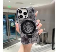 XIZYO Magnetic Case for iPhone 14 Pro Max with Magnetic Ring Stand, Cute Clear Rose Flower Floral Pattern Compatible with MagSafe, for Girls Women Shockproof Kickstand Phone Case, Matte Black