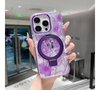 XIZYO Magnetic Case for iPhone 14 Pro with Magnetic Ring Stand, Cute Clear Rose Flower Floral Pattern Compatible with MagSafe, for Girls Women Shockproof Kickstand Phone Case, Purple