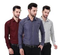 XJARVIS Austin Men's Solid Cotton Blend Formal Shirt with Pocket Plain Spread Collar Long Sleeve Regular Fit, Maroon, Slate Blue, Slate Grey, Pack of 3, M
