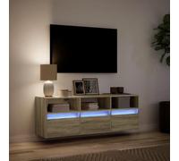 XJBTBA 130cm Floating TV Unit Stand with LED Lights, Wide Wall TV Cabinet with 3 Drawers & Open Shelves, Wall Mounted Cabinet for Living Room - Brown