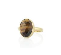 XJBTBA 14k Gold Tiger Eye Bezel Set Ring - Oval Vertical Brown Mineral Stone - Stackable Ring for Everyday Wear - Ideal for Women Who Love Gemstones