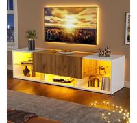 XJBTBA 160cm TV Stand Cabinet with LED, TV Unit with 2 Drawers and 5 Open Storage Areas for 70 Inch TV, TV Cabinet for Living Room, Bedroom, Wood and White