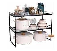 XJBTBA 2 Pack Cabinet Shelf Mesh Storage Organizer Stackable Countertop Racks for Kitchen Pantry Cupboard Under Sink Office Table Coated Heavy Duty Metal Frame Nonslip L16 W8.3 H9.5 (Black)