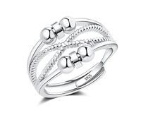 XJBTBA 925 Sterling Silver Ring - Adjustable Open Fidget Ring With Beads Spinner for Stress and Depression Relief - Unisex Anti- Ring