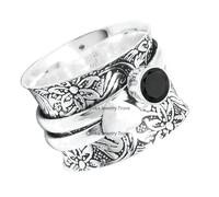 XJBTBA Black Onyx Flower Spinner Ring, Round Gemstone Wide Band Heart Rings, Solid 925 Sterling Silver Ring, Statement Ring for Women Gift, Mother's Day, Valentine Day Gift