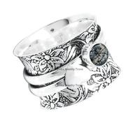 XJBTBA Black Rutilated Quartz Flower Spinner Ring, Round Gemstone Wide Band Heart Rings, 925 Sterling Silver Ring, Statement Ring for Women Gift, Christmas, Mother's, Valentine Day Gift