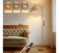XJBTBA Boho Living Room Remote Dimmable Farmhouse Lamps with 3 Color Temperatures, Rattan Floor Lamp for Bedroom, Walnut