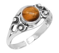 XJBTBA Brown Tiger Eye Silver Adjustable Ring, 925 Sterling Silver Ring for Women, Genuine Round Gemstone Jewellery