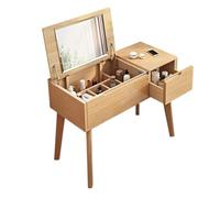 XJBTBA Compact Makeup Vanity Table with Flip Mirror, Wooden Dressing Table with Drawer, Stylish Natural Finish Makeup Desk for Beauty and Grooming