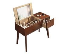XJBTBA Compact Makeup Vanity Table with Folding Mirror, Wooden Dressing Table with Drawer, Stylish Brown Vanity Desk for Makeup and Beauty Essentials
