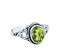 XJBTBA Exquisite Green Peridot Ring 925 Sterling Silver Rings Statement Bohemian Ring Birthday Love Gift For Any Occasion Oval Cut Gemstone Peridot Birthstone Ring Size N