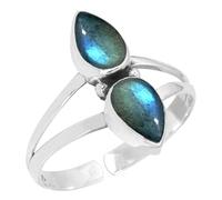 XJBTBA Gray Labradorite Silver Adjustable Ring, 925 Sterling Silver Ring for Women, Genuine Pear Gemstone Jewellery