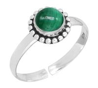 XJBTBA Green Malachite Silver Adjustable Ring, 925 Sterling Silver Ring for Women, Genuine Round Gemstone Jewellery