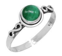 XJBTBA Green Malachite Silver Adjustable Ring, 925 Sterling Silver Ring for Women, Genuine Round Stone Boho Jewellery
