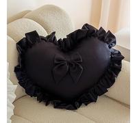 XJBTBA Heart Cushion with Cover Included, 15.7"x 19.7" Ruffled Heart Shaped Throw Pillow with Bow, Cute Decorative Pillow for Sofa, Bed, Living Room, Valentines Day Wedding Decor Gift (Black,1 Pack)