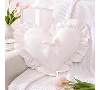 XJBTBA Heart Cushion with Cover Included, 15.7"x 19.7" Ruffled Heart Shaped Throw Pillow with Bow, Cute Decorative Pillow for Sofa, Bed, Living Room, Valentines Day Wedding Decor Gift (White,2 Pack)