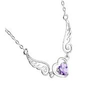 XJBTBA New 925 Sterling Silver On The Neck Collarbone Necklace Women Angel Wing Purple Zircon Pendant Chain Her Decoration Jewelry Commemorative With You Accessories Trendy Best For Gift